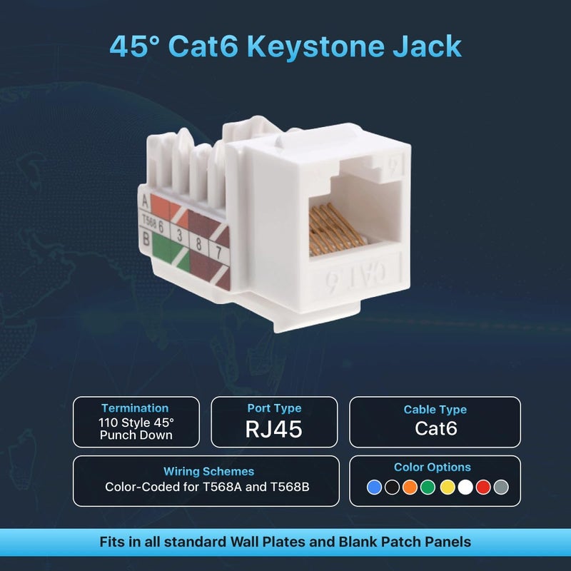 SATMAXIMUM 50 Pack Cat6 Keystone Ethernet Wall Jacks RJ45 Punch Down Slim Profile UTP White, 45 Degree for Patch Panel & Wall Plate, Supports Up to 10Gbps - Image 2